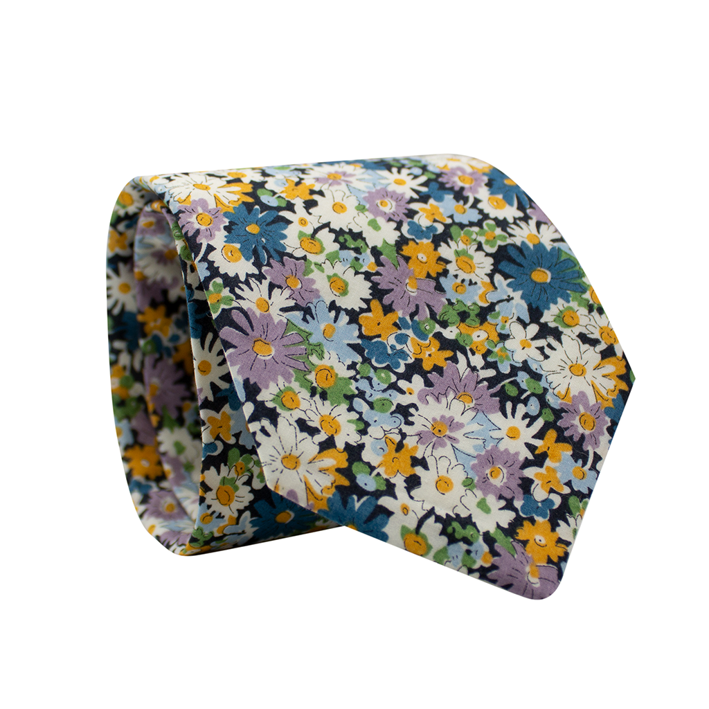 Cravate Liberty Coton - Motif Fleuri Champêtre Bleu Marine, Rose, Bordeaux | 100% Coton, Longueur 148 Cm | Pour Mariage, Style Bohème